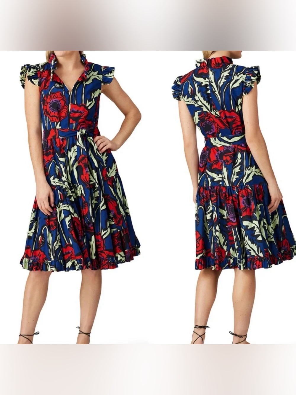 La DoubleJ Short and Sassy Floral Ruffle Belted Midi Dress Collared Sz M